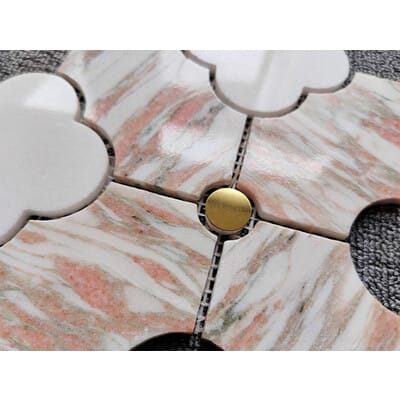 Clover Mosaic Tile in Pink Patagonia Marble with White and Brass Accents