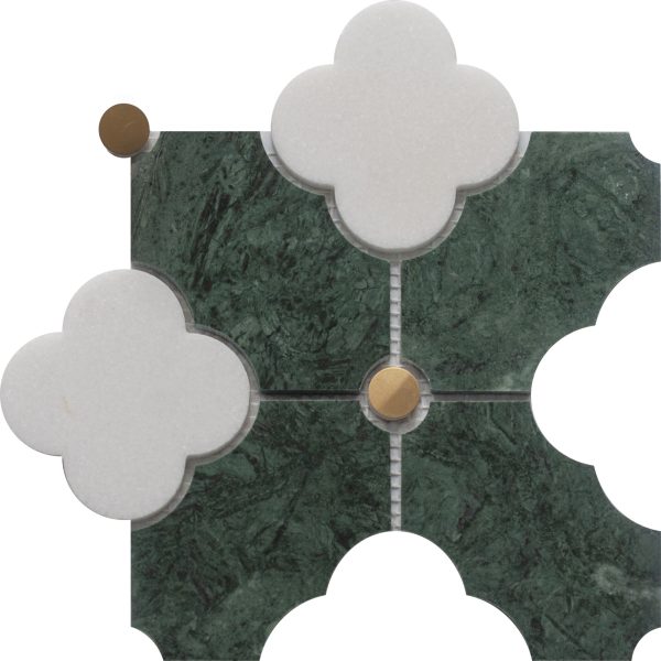 Flat view of Clover Mosaic Tile in Indian Green Marble with White and Brass Accents