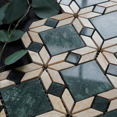 Isometric view of Geo Grace Jade Tile with Golden Jade and Indian Green Marble