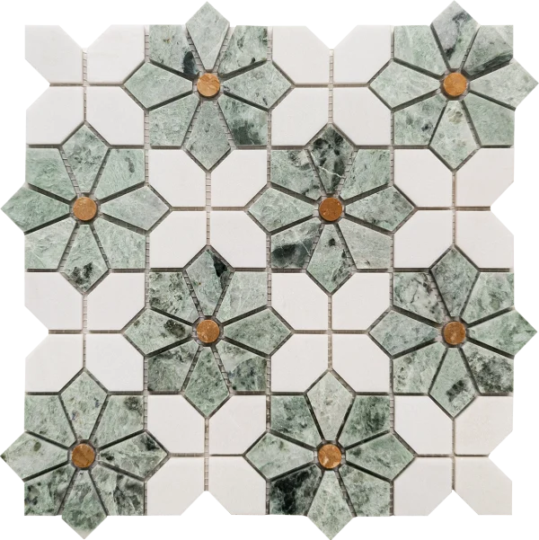 Jade Starflower Tile with Yugoslavia White and Jade Cloud marble, designed in a unique floral pattern.