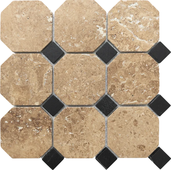 Medina Travertine Octagon Tile with Black Inlay – Unique Antique-Style Design in Beige and Black