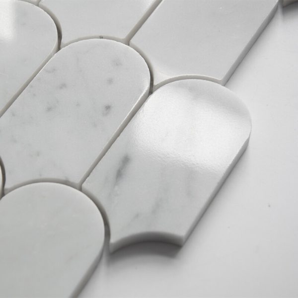 Close-up of Carrara Marble Dragon Scale Tile with white and grey veining