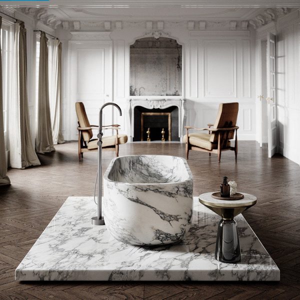 Daen Bend Muse Arabescato Marble Bath 1700mm, freestanding luxury bath made from Italian marble with gunmetal grey, mulberry, and caramel tones, minimalist Japanese design.