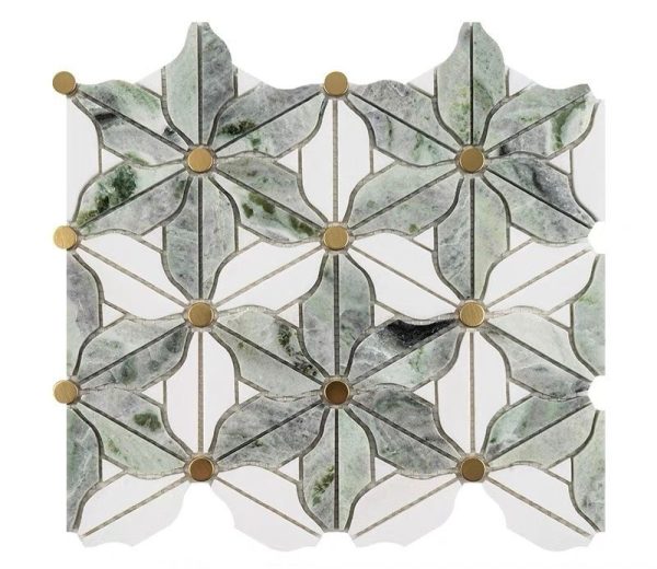 Green Hana tile featuring a floral design with gold accents.