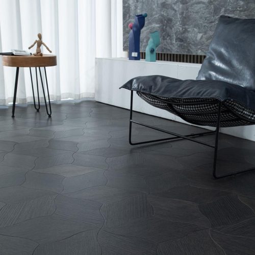 Obsidian Polycube Designer Floorboards in a modern interior setting with dark-stained oak polycube pattern