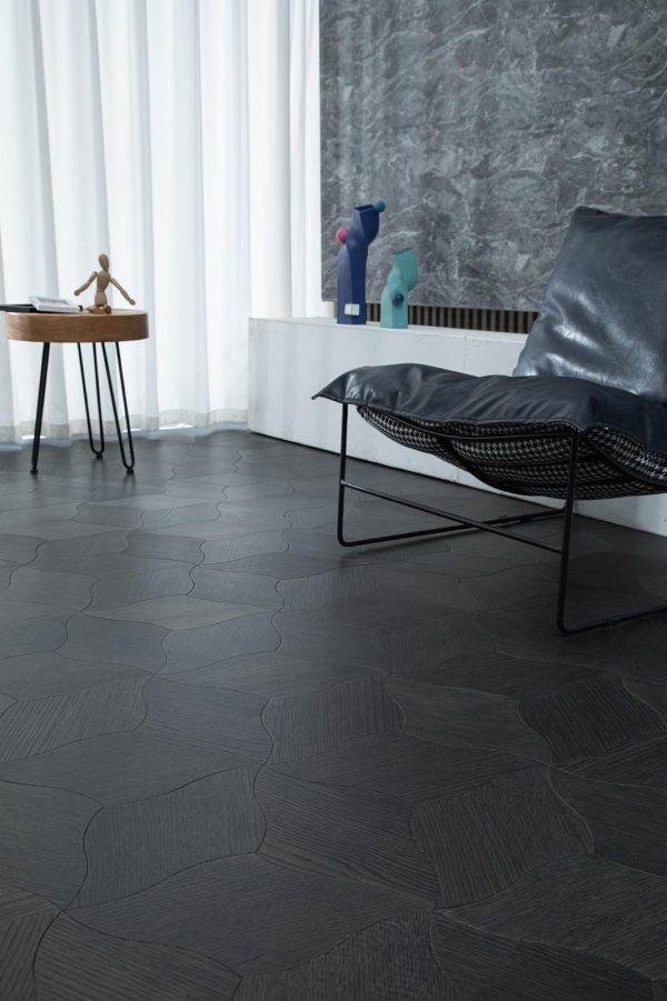 Obsidian Polycube Designer Floorboards in a modern interior setting with dark-stained oak polycube pattern