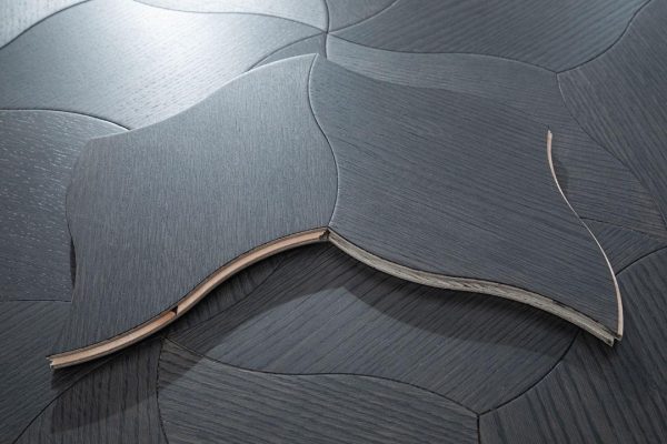 Close-up of Obsidian Polycube floorboards showing polycube pattern and dark oak texture