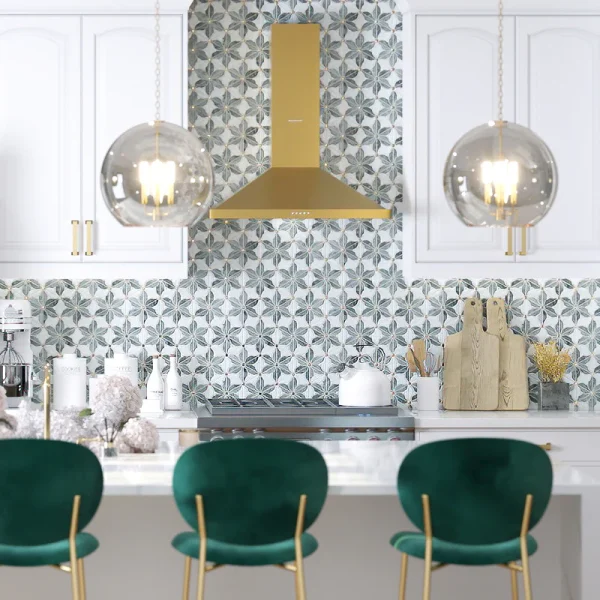 Modern kitchen featuring Green Hana Marble Mosaic tile backsplash with brass accents.