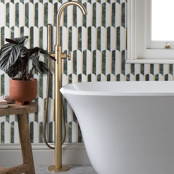 Ripple Chic Black Tile Installed in Bathroom - Yugoslavia White and Guizhou Black Marble with Brass Accents