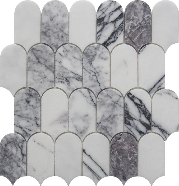 Close-up of Arabescato Marble Dragon Scale Tile with soft grey veining