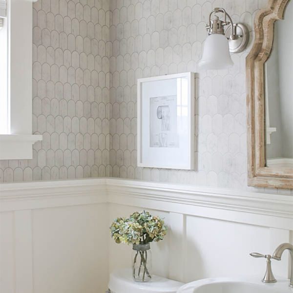 Bathroom wall with Carrara Marble Dragon Scale Tile in a soft grey and white pattern