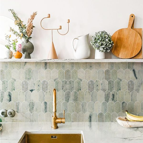 Kitchen backsplash featuring Jade Marble Dragon Scale Tile with vibrant green tones