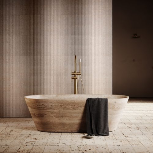 Daen Linear Classic Travertine Freestanding Bath 1700mm with smooth, natural stone finish and minimalist design.