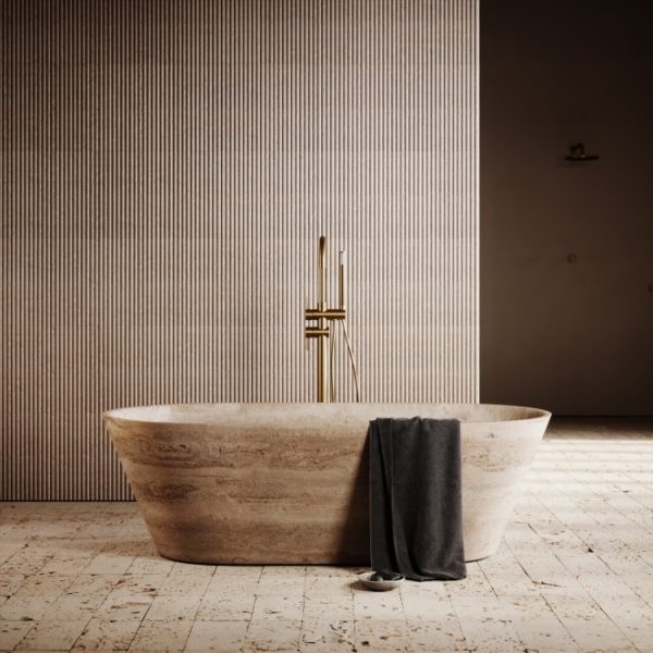 Daen Linear Classic Travertine Freestanding Bath 1700mm with smooth, natural stone finish and minimalist design.