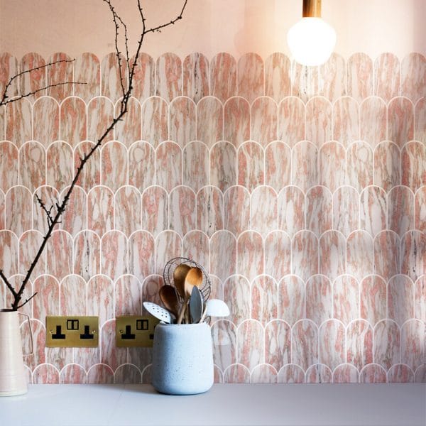 Kitchen backsplash with Pink Patagonia Marble Dragon Scale Tile