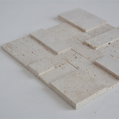 Isometric view of 3D Travertine Cube Tile in beige, showcasing textured cube patterns.