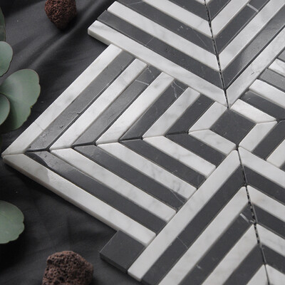 Isometric view of Strata Marble Mosaic Tile Noir with Yugoslavia White and Guizhou Black Marble in a geometric pattern