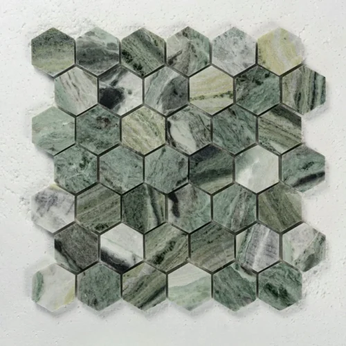 Hexagon Marble Mosaic Tile Cloud Jade Hexagon Mosaic Tile – Polished green marble hexagonal tile with natural veining.