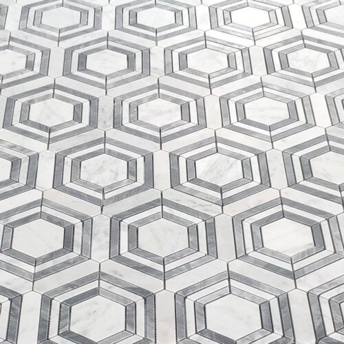 Installed view of Carrara Tivoli Marble Mosaic Tile, showcasing its geometric hexagonal pattern in Carrara White and Grey Marble.