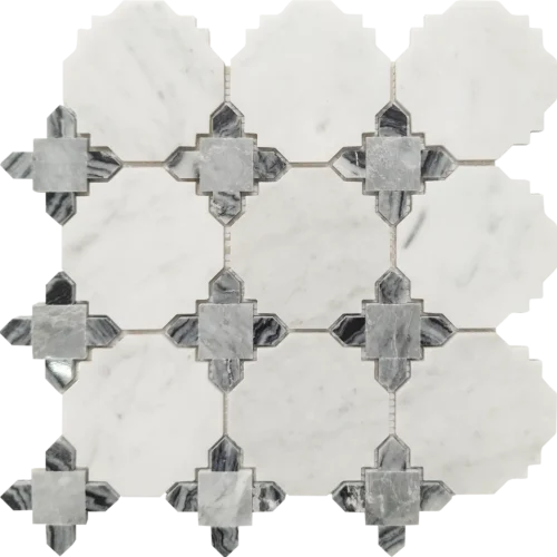 Carrara Cross Mosaic Tile featuring a geometric cross pattern in Carrara White, Carrara Grey, and Cloud Grey marble with a polished finish.