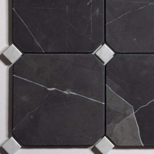 Nero Octagon Marble Mosaic Tile – Black Marquina with Carrara Accents