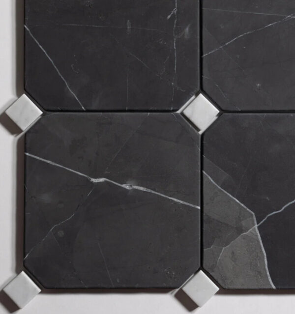 Nero Octagon Marble Mosaic Tile – Black Marquina with Carrara Accents