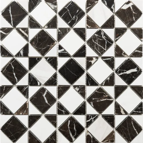 Ariston Noir Chess Mosaic featuring a geometric checkerboard pattern crafted from Ariston White and China Emperador marble with a polished finish.