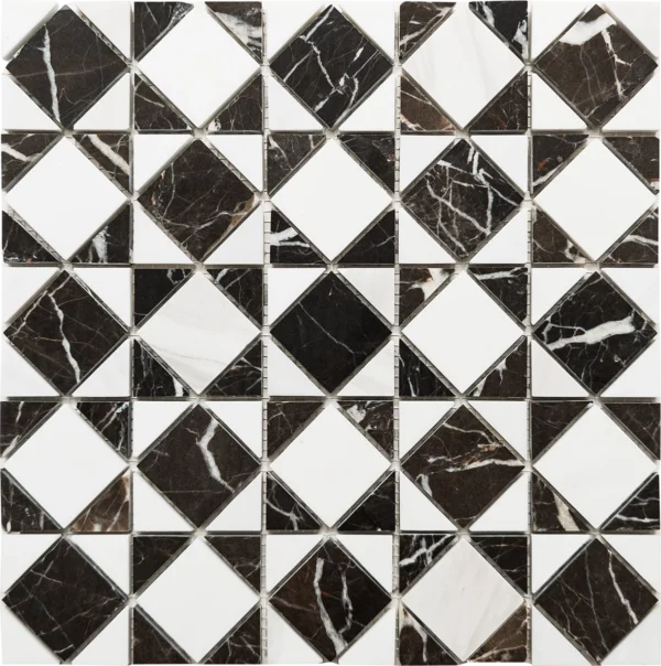 Ariston Noir Chess Mosaic featuring a geometric checkerboard pattern crafted from Ariston White and China Emperador marble with a polished finish.