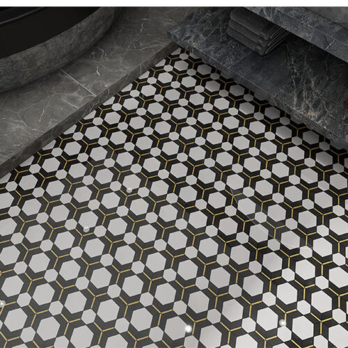 Noir Opulence Hexagon Marble Mosaic Tile installed in a modern bathroom setting.