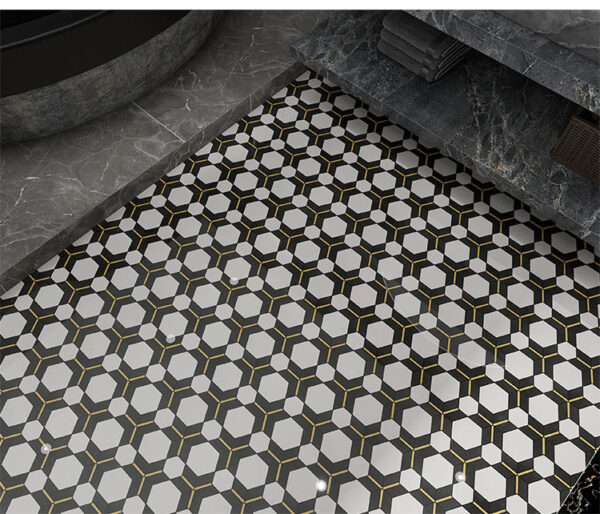 Noir Opulence Hexagon Marble Mosaic Tile installed in a modern bathroom setting.