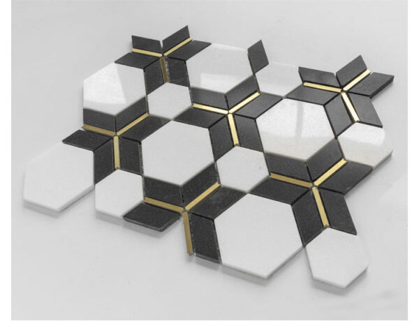 Sheet of Noir Opulence Hexagon Marble Mosaic Tile, showing the modular pattern and seamless connections.