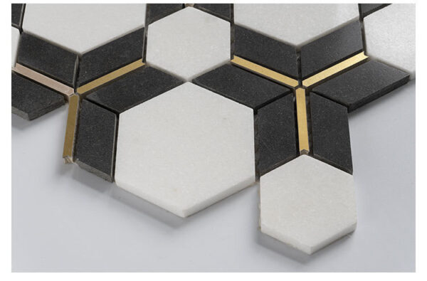 Close-up of Noir Opulence Hexagon Marble Mosaic Tile, showing geometric design and polished finish.