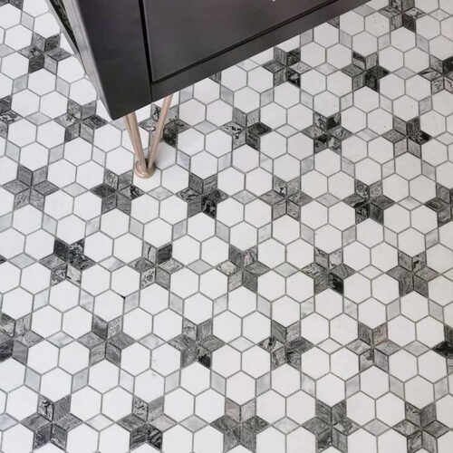 Celestial Star Hexagon Marble Mosaic Tile – Installed Flooring