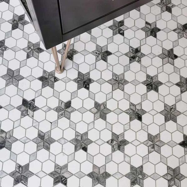 Celestial Star Hexagon Marble Mosaic Tile – Installed Flooring