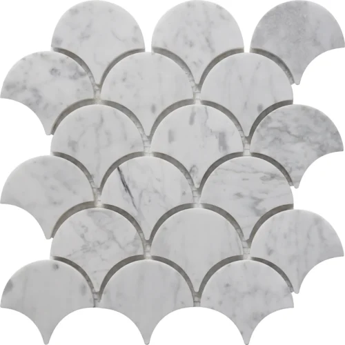 Carrara Grande Fan Mosaic Tile featuring a bold fan-shaped scallop pattern in polished Carrara White Marble with natural veining.