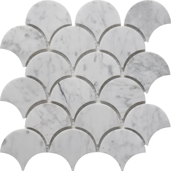 Carrara Grande Fan Mosaic Tile featuring a bold fan-shaped scallop pattern in polished Carrara White Marble with natural veining.