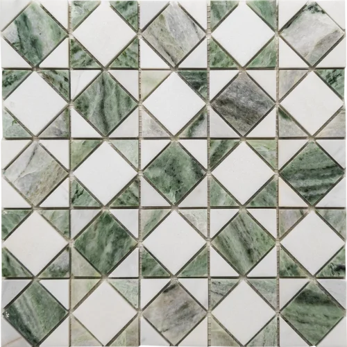 Crystal Jade Chess Mosaic featuring a geometric checkerboard pattern crafted from Crystal White and Cloud Jade marble with a polished finish.