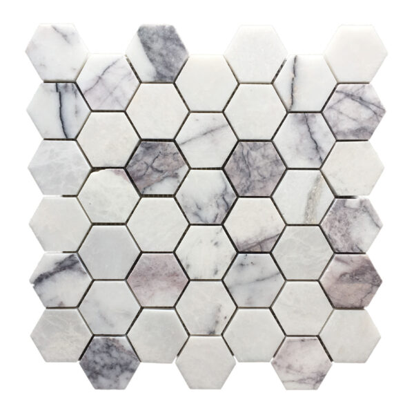 Snow Plum Hexagon Mosaic Tile – Polished black and white marble hexagonal tile with bold veining.