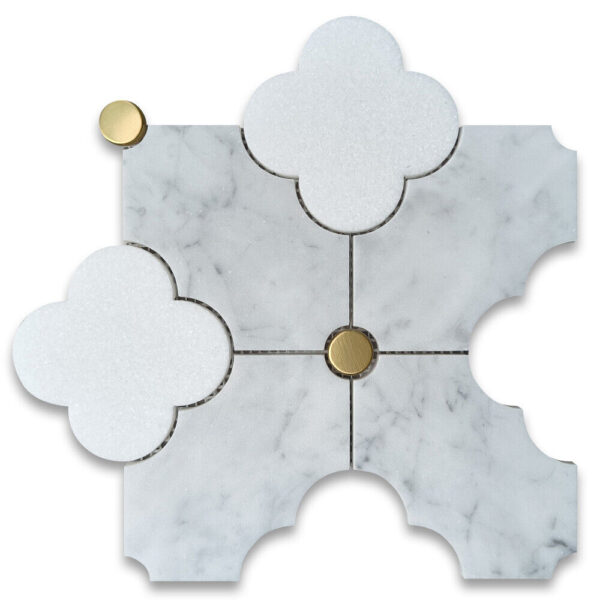 Regal Crest Carrara Marble Mosaic Tile – White Carrara marble with textured crystal white accents and gold stainless steel inlays.