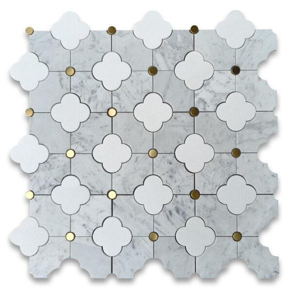 Close-up of Regal Crest Carrara Marble Mosaic Tile showing gold inlays and textured white quatrefoil pattern.